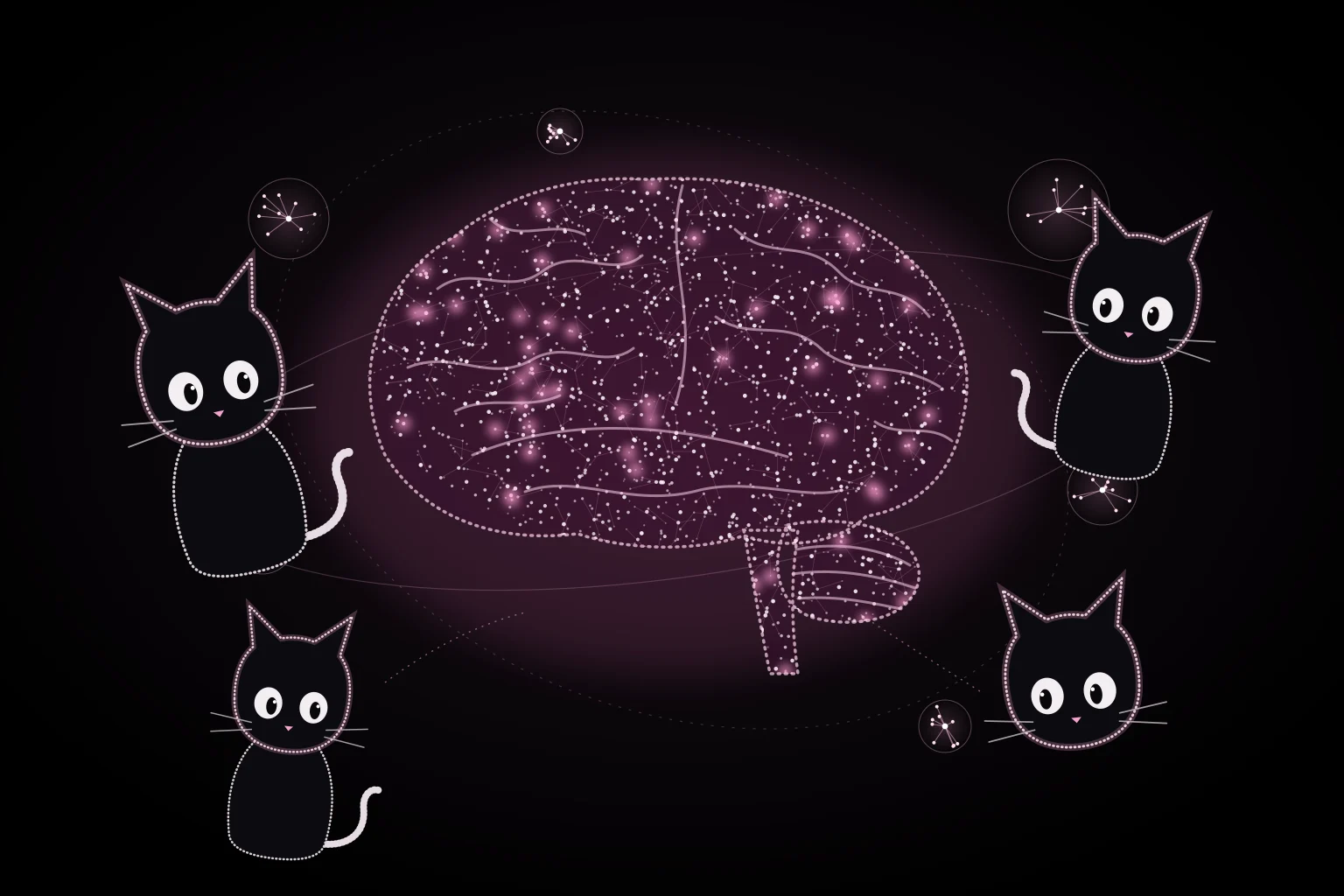 Four particle cats gather around a glowing brain threaded with pink connections